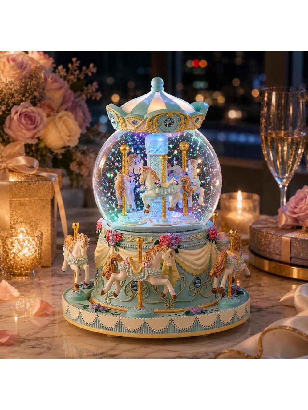 Enchanting Blue Carousel Snow Globe Music Box with LED Lights & Glitter, Perfect